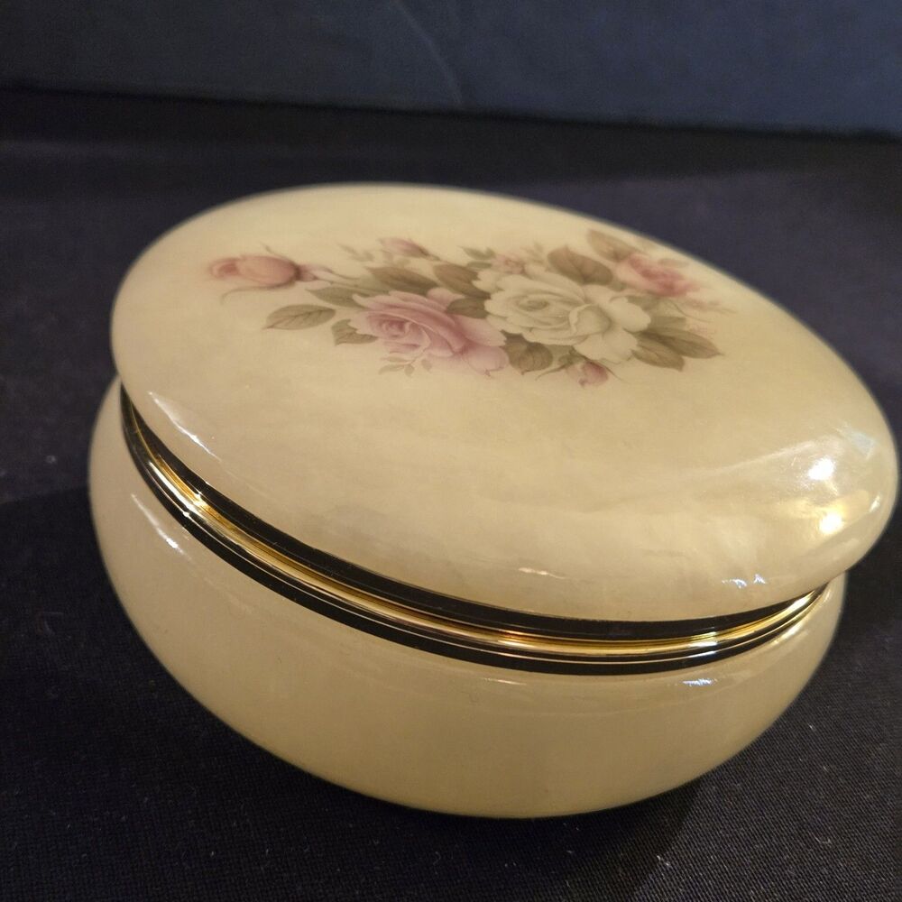Vintage Genuine Alabaster Round Trinket Jewelry Vanity Box Floral Made In Italy